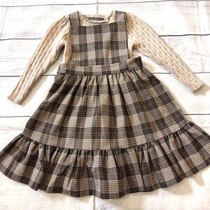 Belati Plaid Apron Dress With Matching Top, Beige